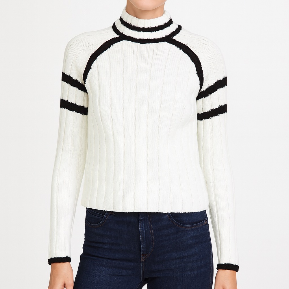 John + Jenn Cream Ribbed Turtleneck Sweater with Black Trim